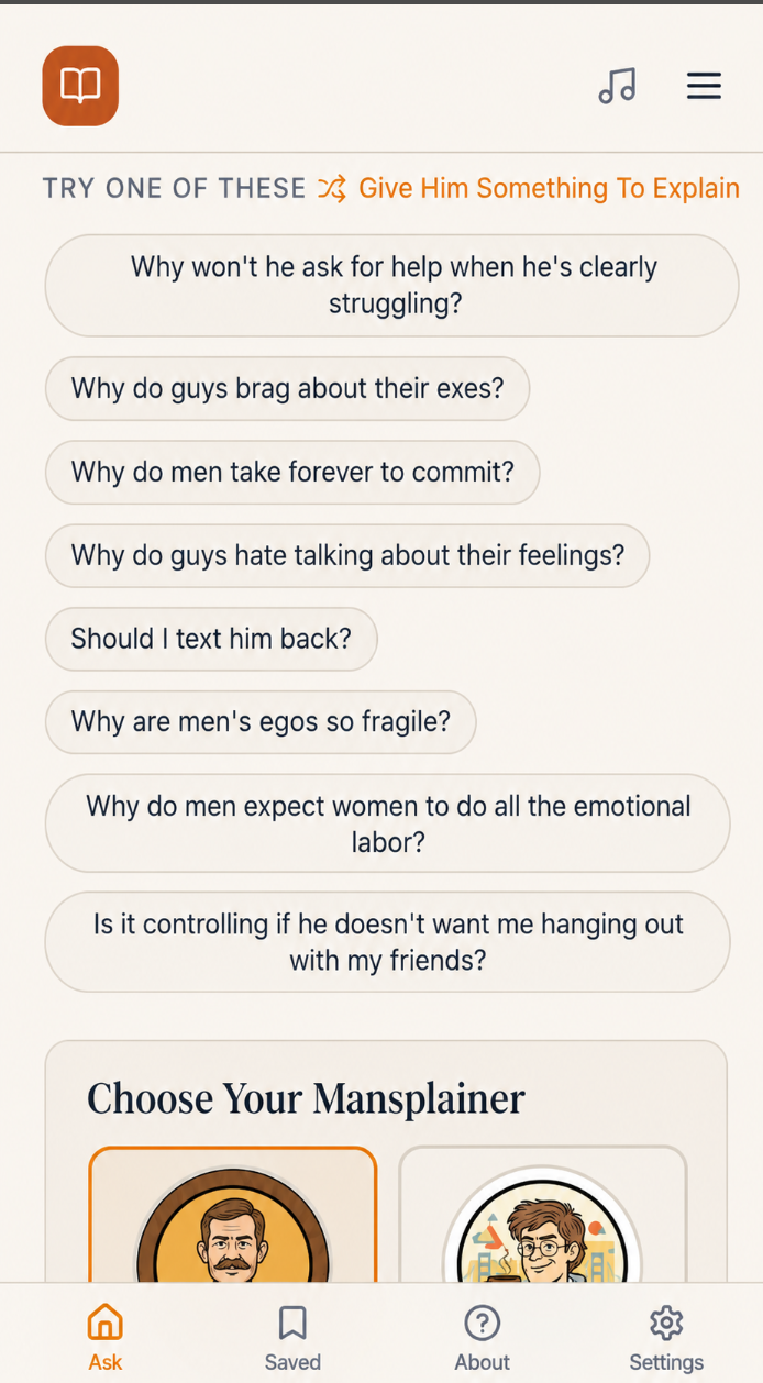 The Joy of Mansplaining question prompt screen