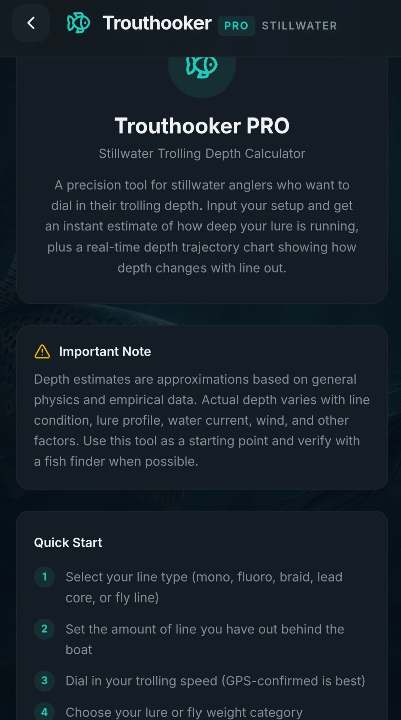 Trouthooker about and quick start screen
