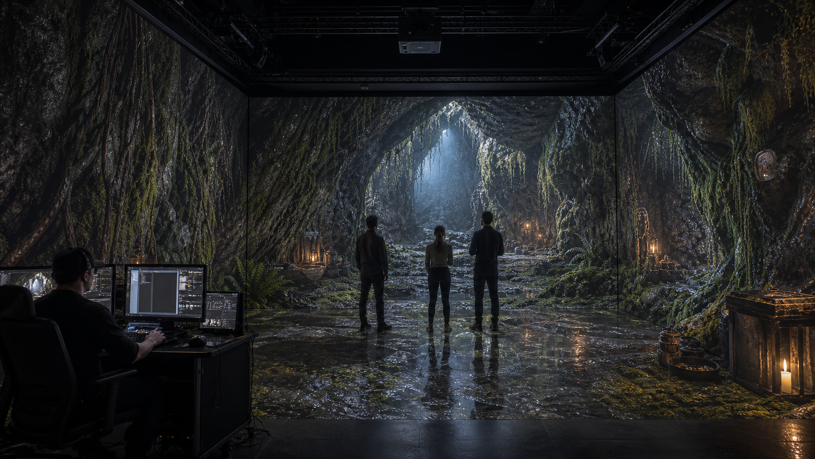 A projection technician and three stakeholders reviewing a moss-covered cave environment projected continuously across three walls and the studio floor